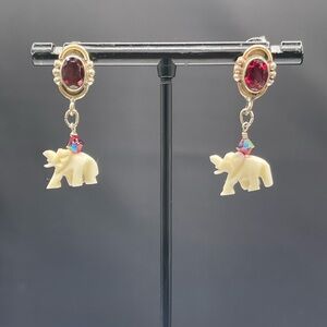 Natural Garnet & Ivory Elephant Sterling Silver Dangle Earrings | Handmade